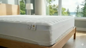 Illustration of a secure-fit cooling mattress pad for night sweats on a standard Canadian queen mattress.