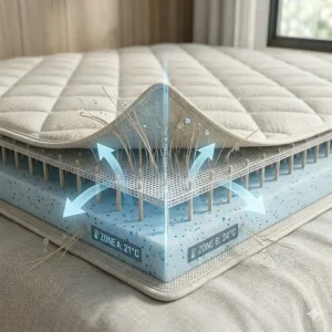 Illustration of a dual-zone cooling mattress pad for night sweats, allowing partners different temperature settings.