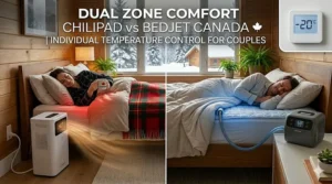 Couples' bed setup showing split-side temperature control (Dual Zone) for partners with different sleep preferences, common in Canadian households.