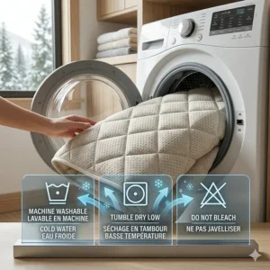 Simple graphic showing a machine-washable cooling mattress pad for night sweats with bilingual care icons.