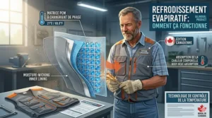Diagram showing how the farmer cooling vest uses evaporative technology to lower body temperature in high humidity.