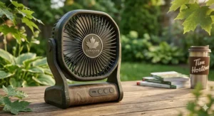 Illustration showing a foldable fan providing a cooling breeze during a humid Ontario summer heatwave.