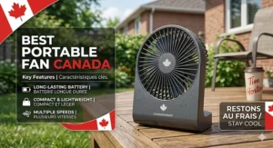 A foldable portable desk fan being tucked into a travel backpack for a trip to the Rockies.