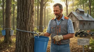 A Quebec producer wearing a "gilet refroidissant" (farmer cooling vest) while inspecting a maple grove or vegetable farm.