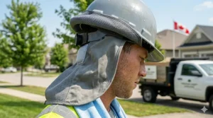 Snap-in hard hat cooling liner and sweatband for Canadian landscape construction and hardscaping.