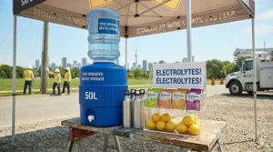 An infographic showing a 5-day heat acclimatization plan for new employees working outdoors in the Canadian summer.