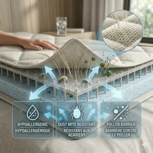 Illustration highlighting the hypoallergenic properties of a cooling mattress pad for night sweats for allergy-prone sleepers.