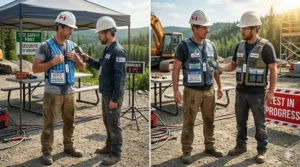 A construction worker wearing a high-visibility cooling vest on a job site in Toronto, comparing heat stress relief options.