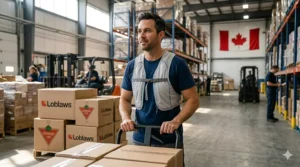 Warehouse employee wearing a budget cooling vest under $50 for heat relief in a Canadian distribution center.