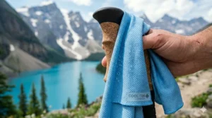 A microfiber instant cooling towel (serviette refroidissante) draped over a backpack, perfect for cooling down during a humid hike.
