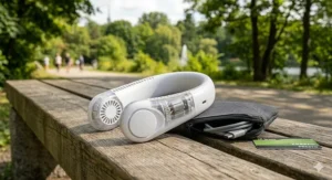 A foldable USB C neck fan resting on a park bench next to a transit card, showcasing its portable and travel-friendly design.