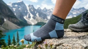 Moisture-wicking merino wool blend cooling gear for hiking feet, featuring mesh ventilation zones for blister prevention.