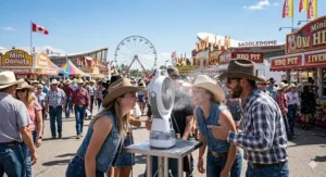 People using a misting fan portable at an outdoor festival in Calgary to stay hydrated and cool.