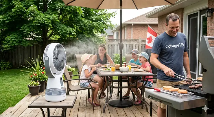A portable misting fan cooling a family patio during a hot summer afternoon in Canada.