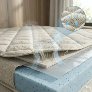 Close-up illustration of moisture-wicking fabric used in cooling mattress pads to prevent night sweats.
