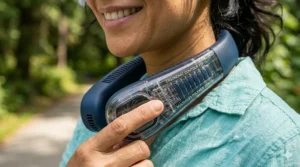 Ergonomic, lightweight silent neck fan design for adjustable comfort.