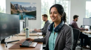 A silent neck fan, essential gear for staying cool during Canadian heatwaves.