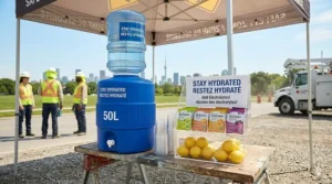 A detailed job site hydration station in Canada featuring a 50L water cooler and bilingual Restez Hydrate electrolyte packets.