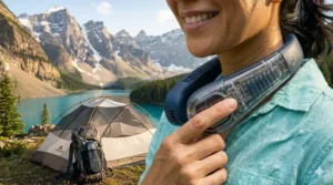 Portable silent neck fan perfect for hiking or camping in Canada.