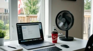 A compact and quiet portable desk fan for a Canadian home office setup during a heatwave.
