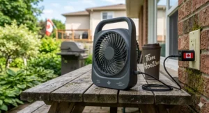 Close-up of a long-lasting rechargeable portable fan, ideal for Canadian outdoor festivals and events.
