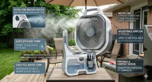 Diagram of a misting fan portable unit with labels in English and French (ventilateur brumisateur).