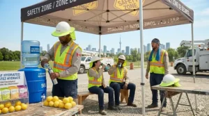 A Safety Zone / Zone de Sécurité pop-up tent providing essential shade for outdoor workers during a Canadian heatwave.