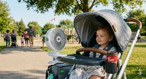 Infographic of a portable foldable desk fan highlighting "Quiet Operation" and "Fonctionnement Silencieux" for Canadian users.