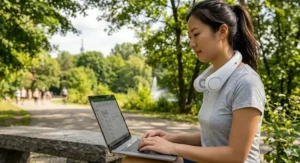 Illustration of a quiet-motor USB C neck fan on a person working at a laptop in a park, perfect for staying cool and focused during remote work.
