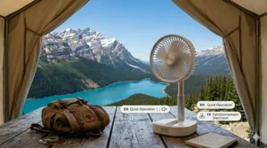 A portable foldable fan charging via USB, emphasizing long battery life for Canadian camping trips.