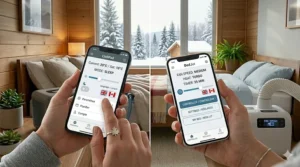 Smartphone screen showing a sleep app interface with bilingual English and French settings for temperature and scheduling in Canada.