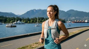 Athlete using a budget cooling vest under $50 on a bike trail in Vancouver; équipement de sport rafraîchissant à petit prix.