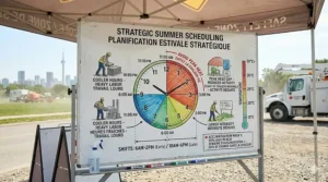 A bilingual whiteboard diagram showing how to stay cool working outside by avoiding peak sun hours between 11 AM and 3 PM.
