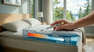 Graphic of a cooling mattress pad regulating sleep temperature for hot Canadian summers.
