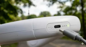 Close-up of the USB C neck fan charging port, compatible with standard Canadian laptop and phone chargers for quick power-ups.