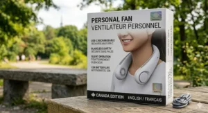 Product packaging illustration for a USB C neck fan featuring bilingual English and French "Personal Fan / Ventilateur Personnel" labeling for the Canadian retail market.