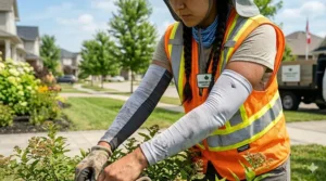 UPF 50+ cooling arm sleeves for sun protection during Canadian commercial landscaping projects.
