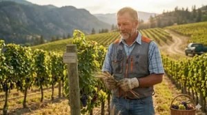 Agricultural worker in a British Columbia vineyard using a farmer cooling vest during a humid harvest day.