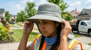 Breathable wide-brim sun hat with integrated cooling crystals for Canadian outdoor workers.