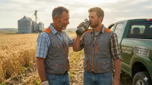 A young Canadian farmer staying hydrated and cool in a cooling vest to highlight farm safety during extreme heat alerts.