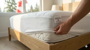 An illustrated product package displaying the benefits of a cooling mattress pad under $100 in both English and French for the Canadian market.