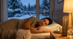 Illustration of a cooling pillow providing comfort during a humid Canadian summer and an overheated winter indoors.