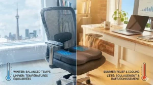 A photorealistic graphic showcasing the cooling seat cushion on an office chair with a vertical atmospheric split; the left side displays a cozy, balanced winter temperature with light hoarfrost and bilingual text, while the right side displays cool comfort against simulated intense summer heat, all in natural daylight.