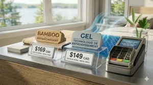 Infographic comparing the cost-effectiveness and durability of bamboo versus gel cooling pads in Canadian Dollars (CAD).