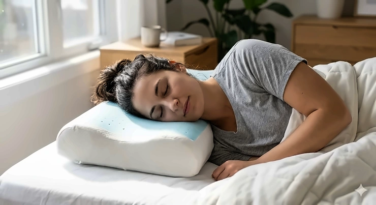 A Canadian woman sleeping peacefully on a premium cooling pillow for neck pain and sweating in a bright, modern bedroom.