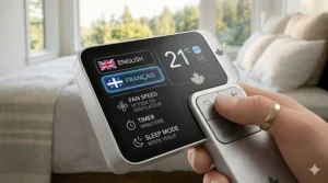 A close-up of a bed fan remote control interface displaying bilingual English and French settings for Canadian users.
