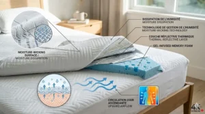 Close-up of breathable mesh layers in a cooling mattress pad designed for Canadian summers.