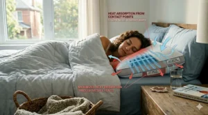 Illustration showing airflow through a cooling pillow to dissipate body heat during humid Canadian summers.