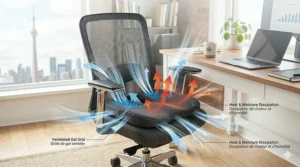 A photorealistic visualization on the ergonomic office chair showing how the memory foam and gel layers interact, with transparent blue airflow streams and heat signature illustrations demonstrating dynamic air movement and heat dissipation through the physical mesh.