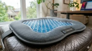 Close-up of breathable gel cooling pad for leather office chair surface.